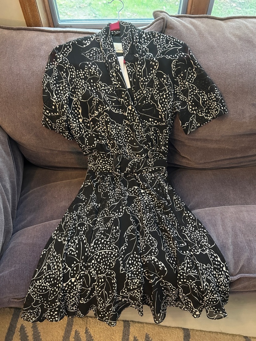 Dana Buchman Black and White Floral Wrap Midi Dress with Matching Belt